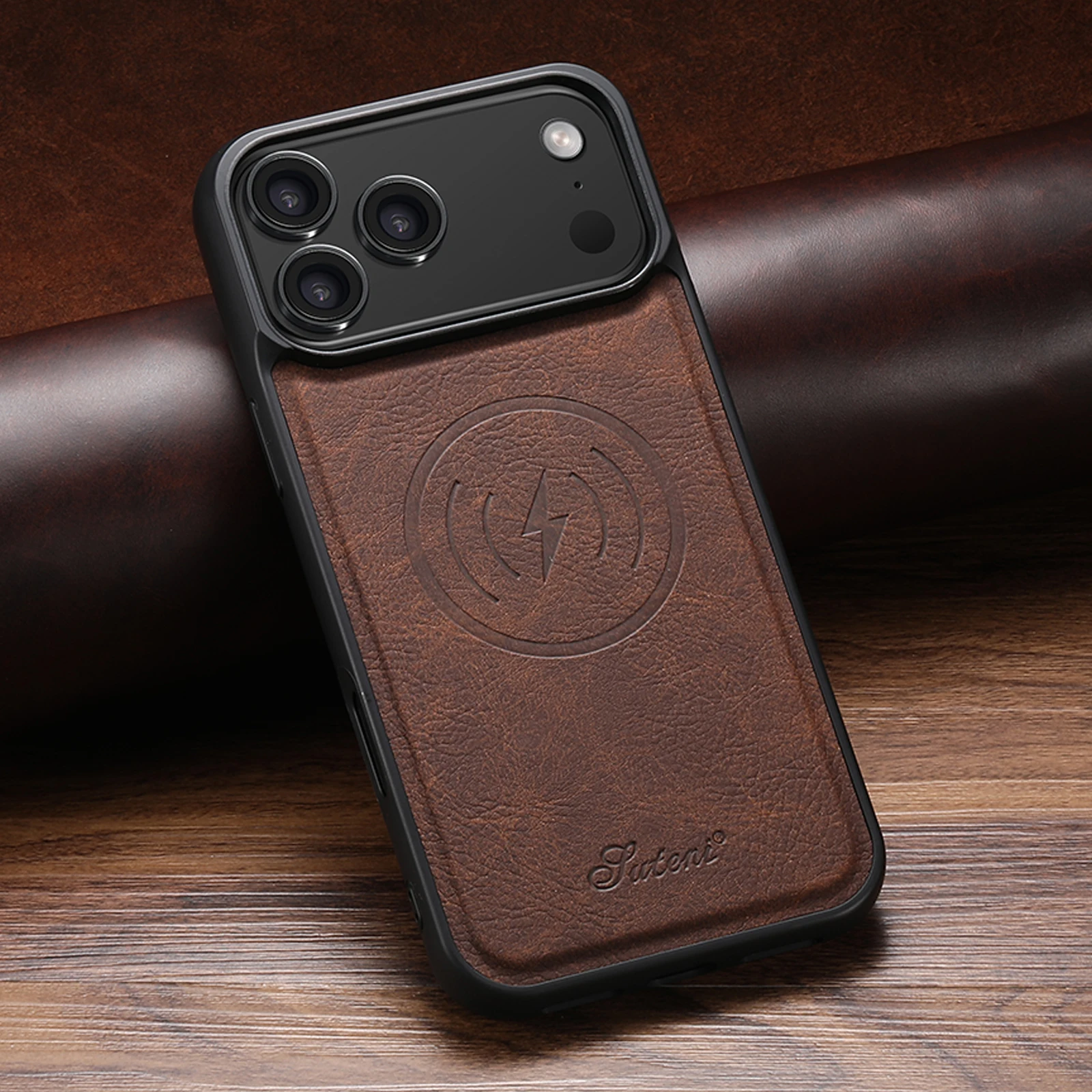 SUTENI Luxury Faux Leather Lychee Texture Phone Case Magnet Wireless Charging Frosted Feel For iPhone 18 Pro Max 17 16 Plus 15