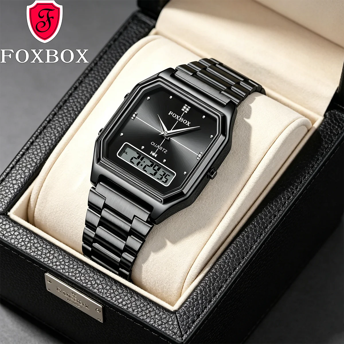 

FOXBOX Retro Square Quartz Watches for Woman Steel Waterproof Double Time Sport Leisure Digital Girls Wristwatches Women Clock