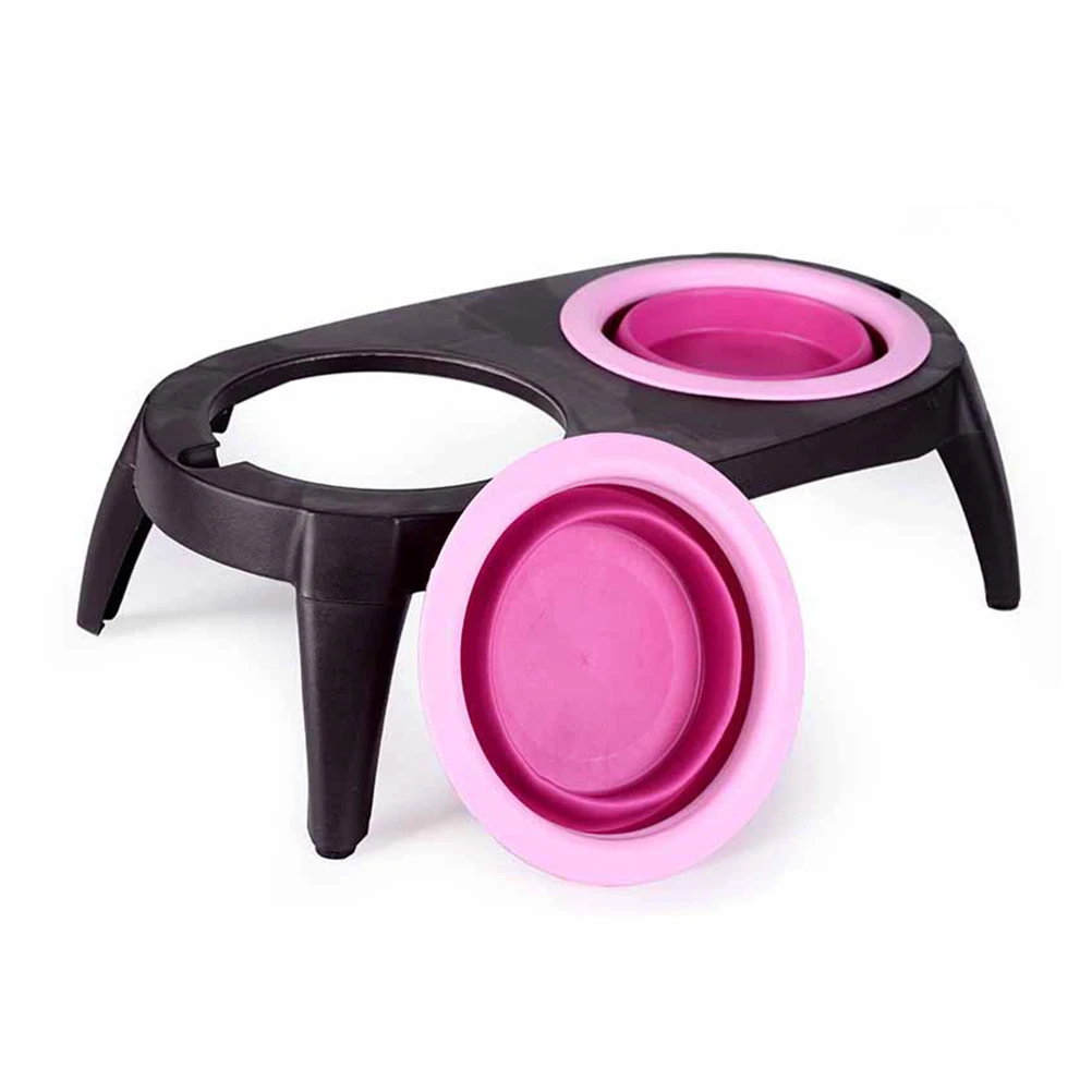 

Collapsing Pet Double Bowls Food Water Feeder Non-Slip Silicone Bowl For Cats Dogs Camping Pink