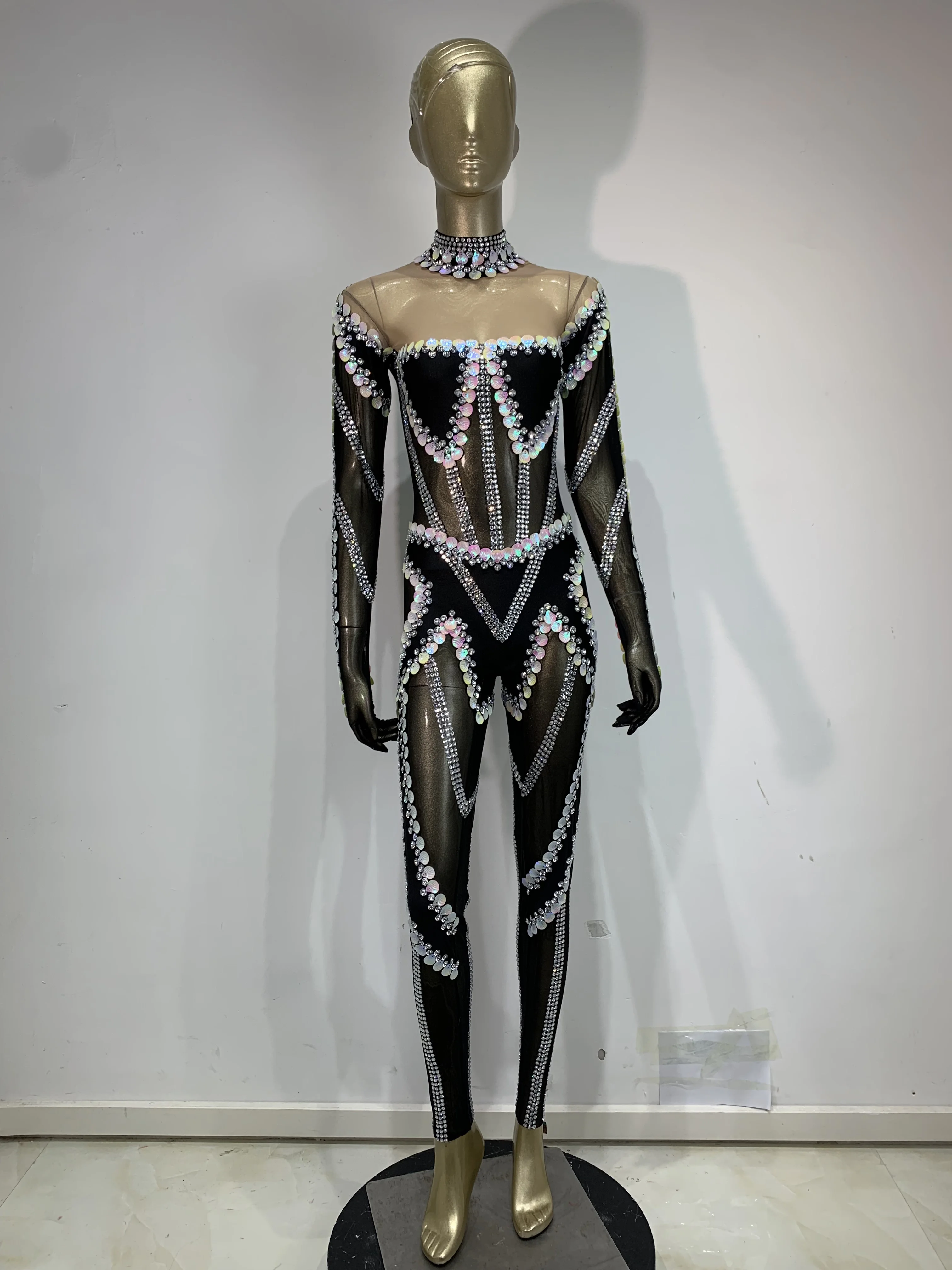 

Блестящий кристальный комбинезон с пайетками для женщин, с длинными рукавами, из сетки, для ночных клубов, вечеринок, выступлений певцов и танцоров, сценический костюм