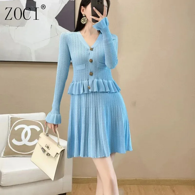 

ZOCI Legant трикотажное платье с длинными рукавами и v-образным вырезом, женская мода, новое осенне-зимнее платье-клеш с кружевной отделкой, новинка 2023 г.