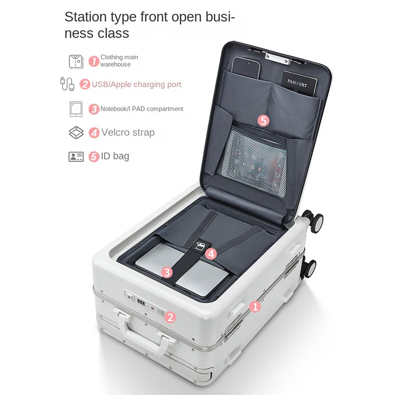 Suitcase Wide Handle Front Opening Luggage USB Dual Interface Laptop Bag Aluminum Frame Trolley Case Business Travel Bags Zipper