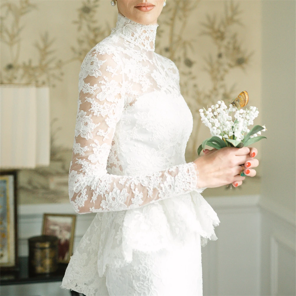 20059# Real Photos Vintage Long Sleeves Customized Lace Mermaid Wedding Dress For 2024 Women Customized High Neck Bridal Gown