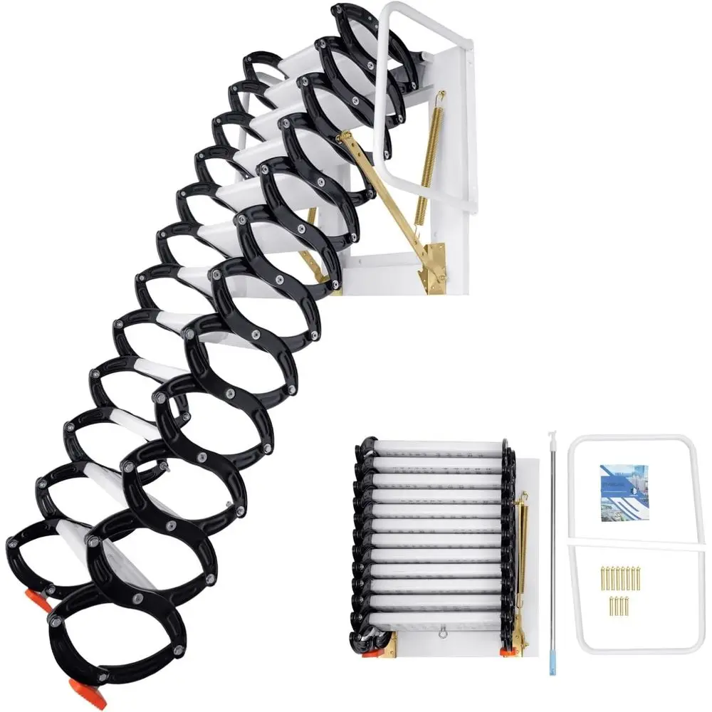 

12-Step Wall-Mounted Attic Ladder with 880lbs Capacity, Aluminum-Magnesium Alloy, Retractable, Anti-Slip Steps & Handrails for I