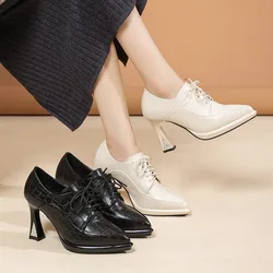 High Heels Hoof Pumps Women Lace Up Pumps PU Leather Shoes Female Fashion Pointed Toe OL Shoes Women Autumn Black Talon Femme