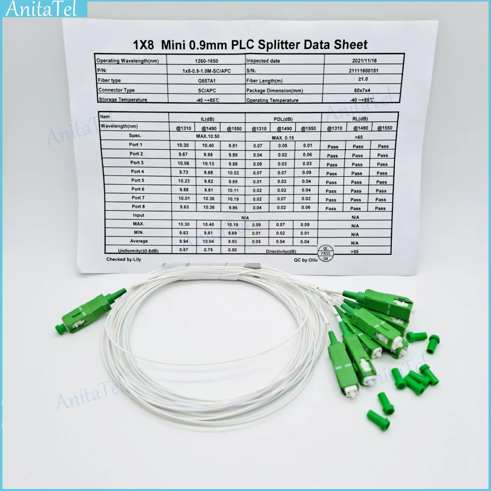 20pcs 1X8 SC/APC PLC Fiber Optic PLC spliter SM Single-Mode 0.9mm G657A1 LSZH 1m FTTH Fiber Optic Splitter SC APC Connector