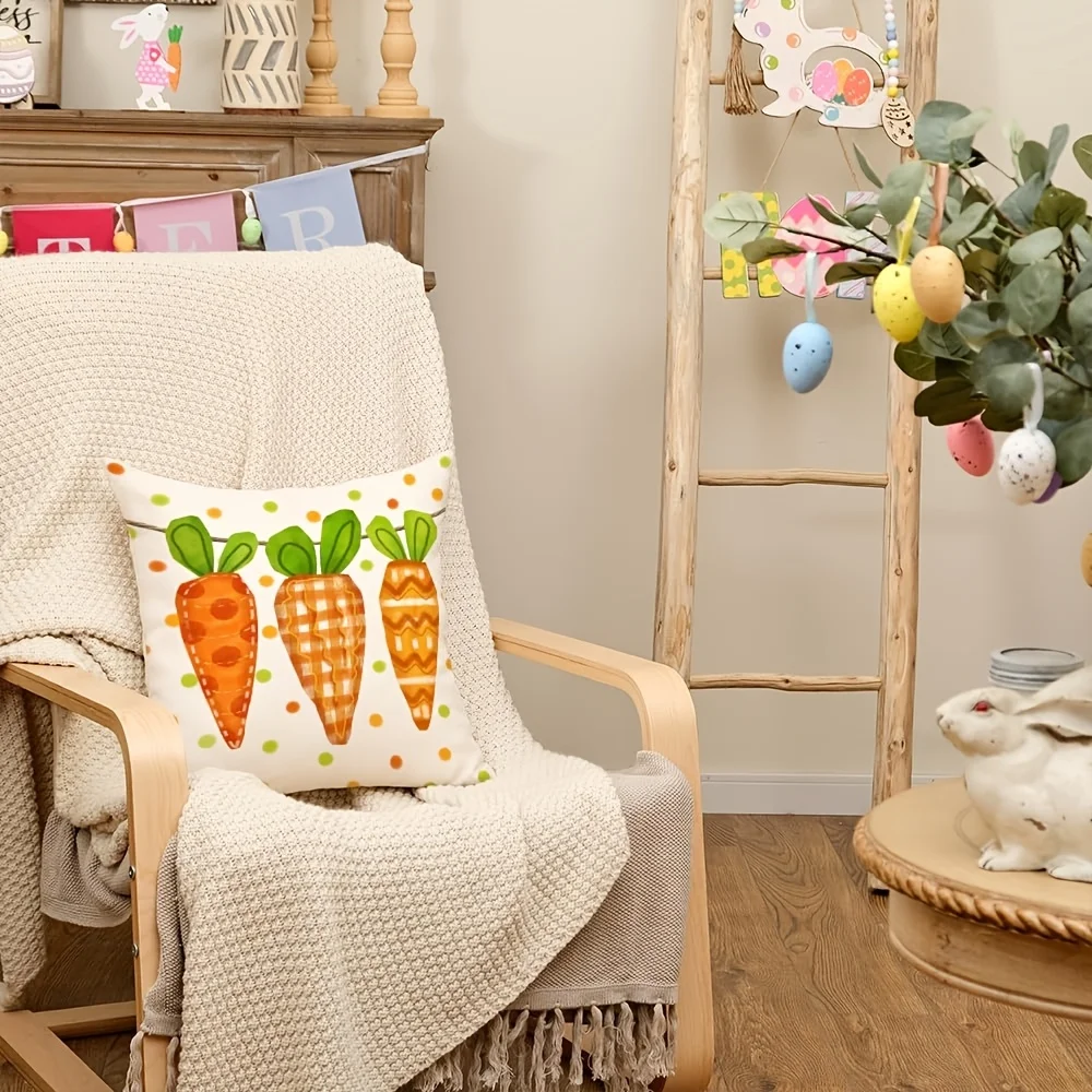 1pc Carrot Themed Printed Throw Pillow Cover, Suitable for Sofa, Bedroom, Living Room, etc., Easily Create a Spring Atmosphere