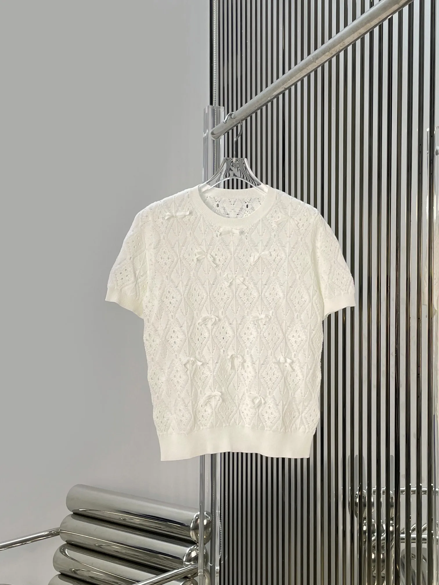 

Elegant Knot Decorated Hollow out Short Sleeve Knitwear Top for Women Casual Luxury Daily Commute Cotton Blend