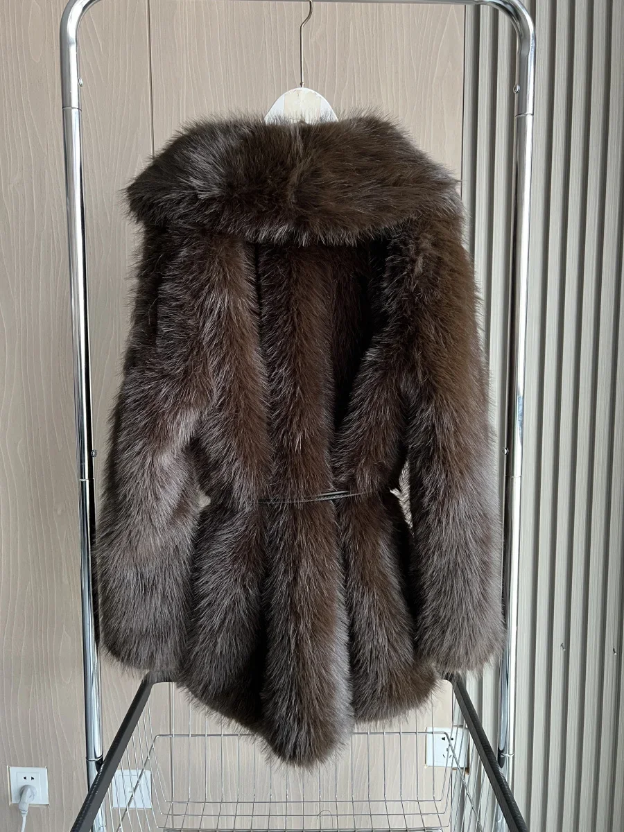 秋冬新作 レディースファッション ラペル ダークブラウン プレミアムベルト フェイクファーコート 女性用 厚手 暖かいコート