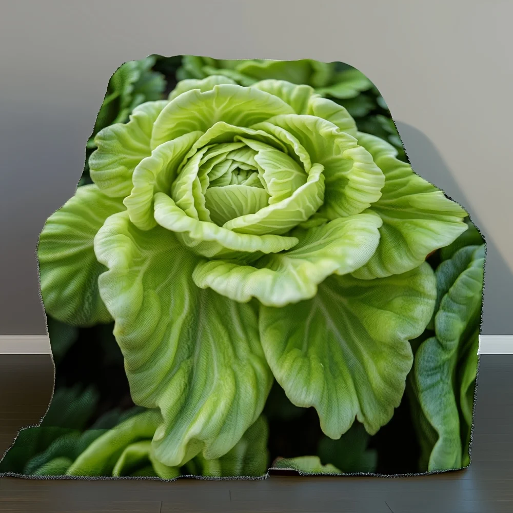 Ultra-Soft Flannel Throw Blanket with Realistic Cabbage Texture Print - Vibrant Green & Earthy Tones, All-Season Cozy for Sofa