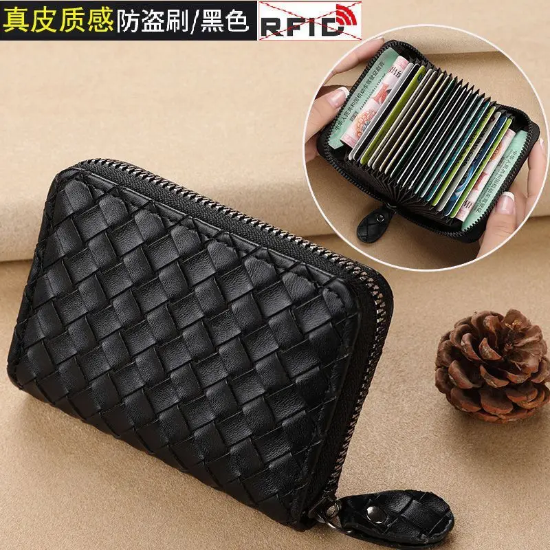 man men Leather woven card bag 2024 multi slot credit card large capacity ID card slot driver's license zipper card clip Wallet