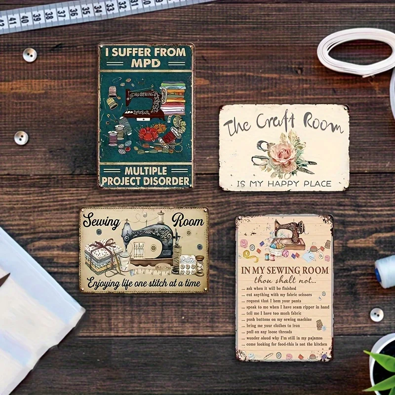 4pcs Vintage Caft Room Tin Sign, Sewing Fun Novelty Metal Wall Decor For Home Door Garden Bar Restaurant Cafe Office Shop Club