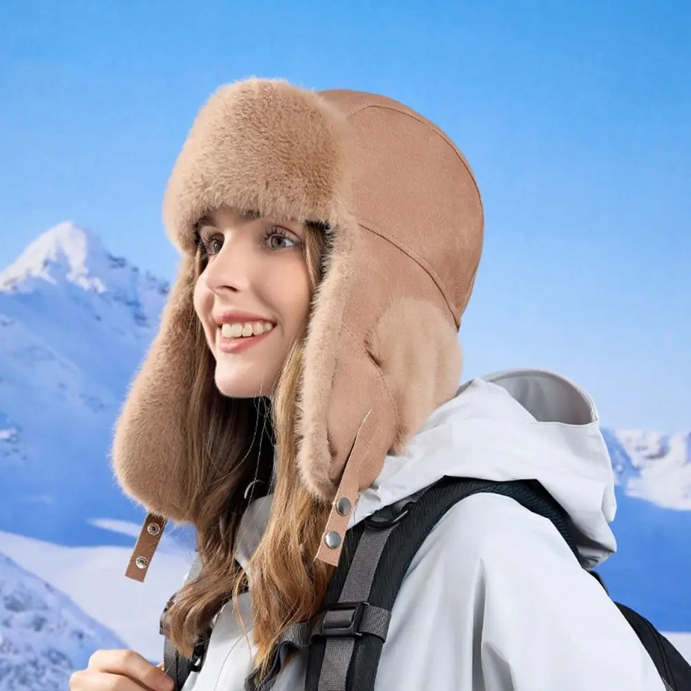 Fashion Windproof Faux Fur Pilot Cap Outdoor Thickened Winter Earflap Hat Fluffy Warm Ski Pullover Cap Winter