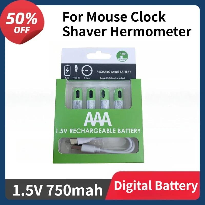 

1.5V AAA 750mWh Li-ion Batteries For Mouse Clock Shaver Hermometer with TYPE-C Cable AAA USB Rechargeable battery