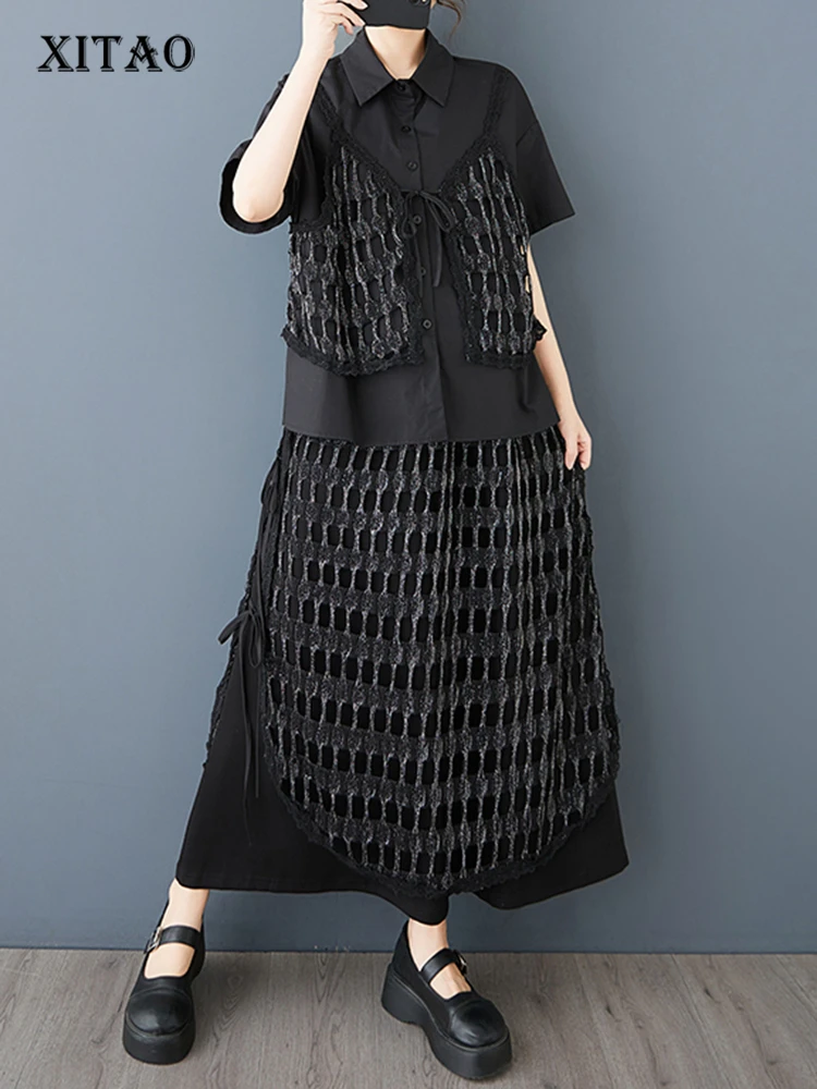 

XITAO Patchwork Hollow Out Lapel Dress Set Casual Short Sleeve A-line Elastic Waist Korean Version Spring Women Set GYX1627