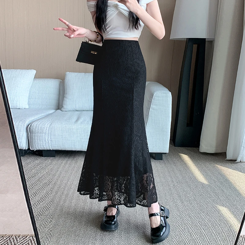 순수한 욕망 레이스 피쉬테일 하프 스커트 여성용 섹시 슬리밍 드레이핑 A라인 롱 스커트 하이웨이스트 봄 가을 신상