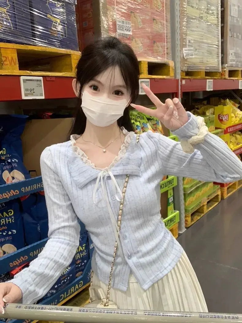 

Japan Sweet Style Blue Lace Long-Sleeved T-Shirt Women'S Autumn Fake Two-Piece Chic And Beautiful Slimming Top