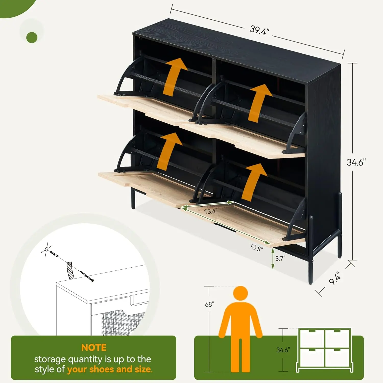 Natural Rattan 4 Flip Down Free-Standing Shoe Rack, Shoe Cabinet Wood Organizer Freestanding with 3-Tier Adjustable Shelves