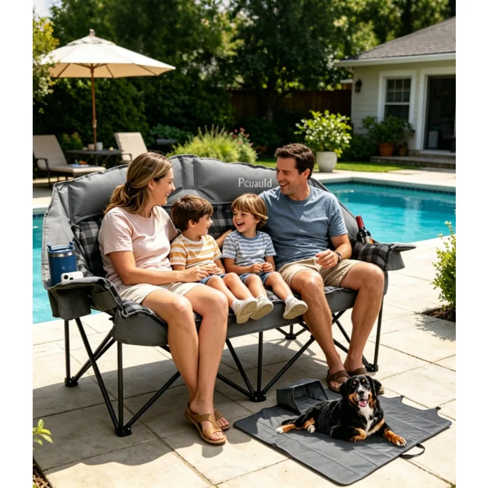 Padded Loveseat Camping Couch, Oversized 2-Person Foldable Chair with Carry Bag and Cup Holders for Outdoor Use