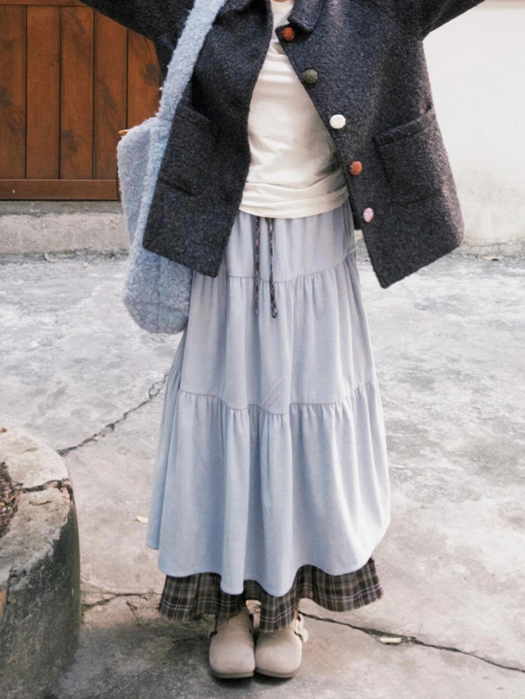 

Autumn casual street fake two-piece set, brown patchwork retro corduroy double-layer cake dress, sweet and beautiful plaid dress