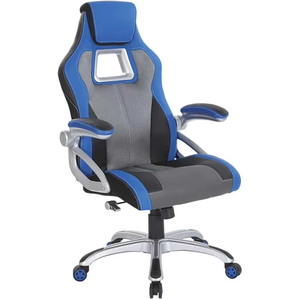 Race Car Adjustable Gaming Chair Charcoal Grey Bonded Leather With Blue AccentsFreight Free Computer Office Furniture