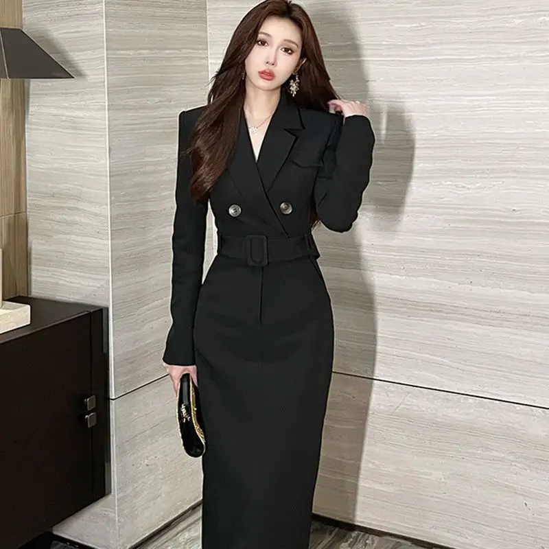 Autumn New Long Sleeved Waist Cinched Suit Women's Autumn French High-end Temperament Dress Long Minimalist Casual Dresses