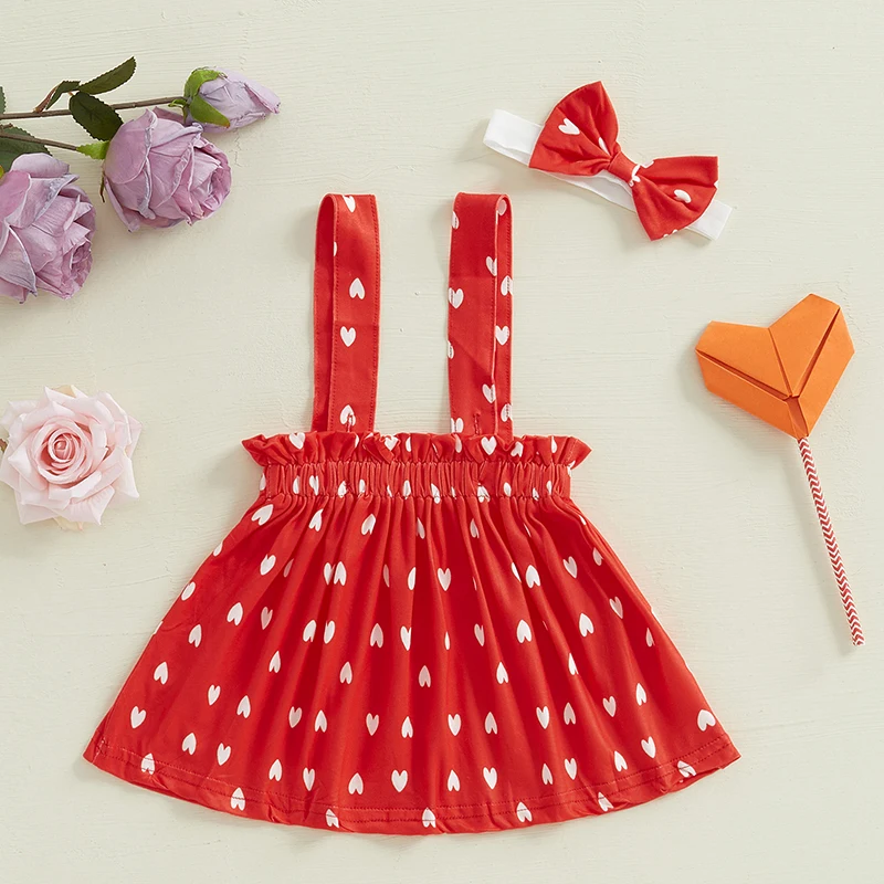 Newborn Baby Girls Valentines Day Clothes Sets Heart Print Suspender Skirt Headband Sets Skin Friendly Hot Sale