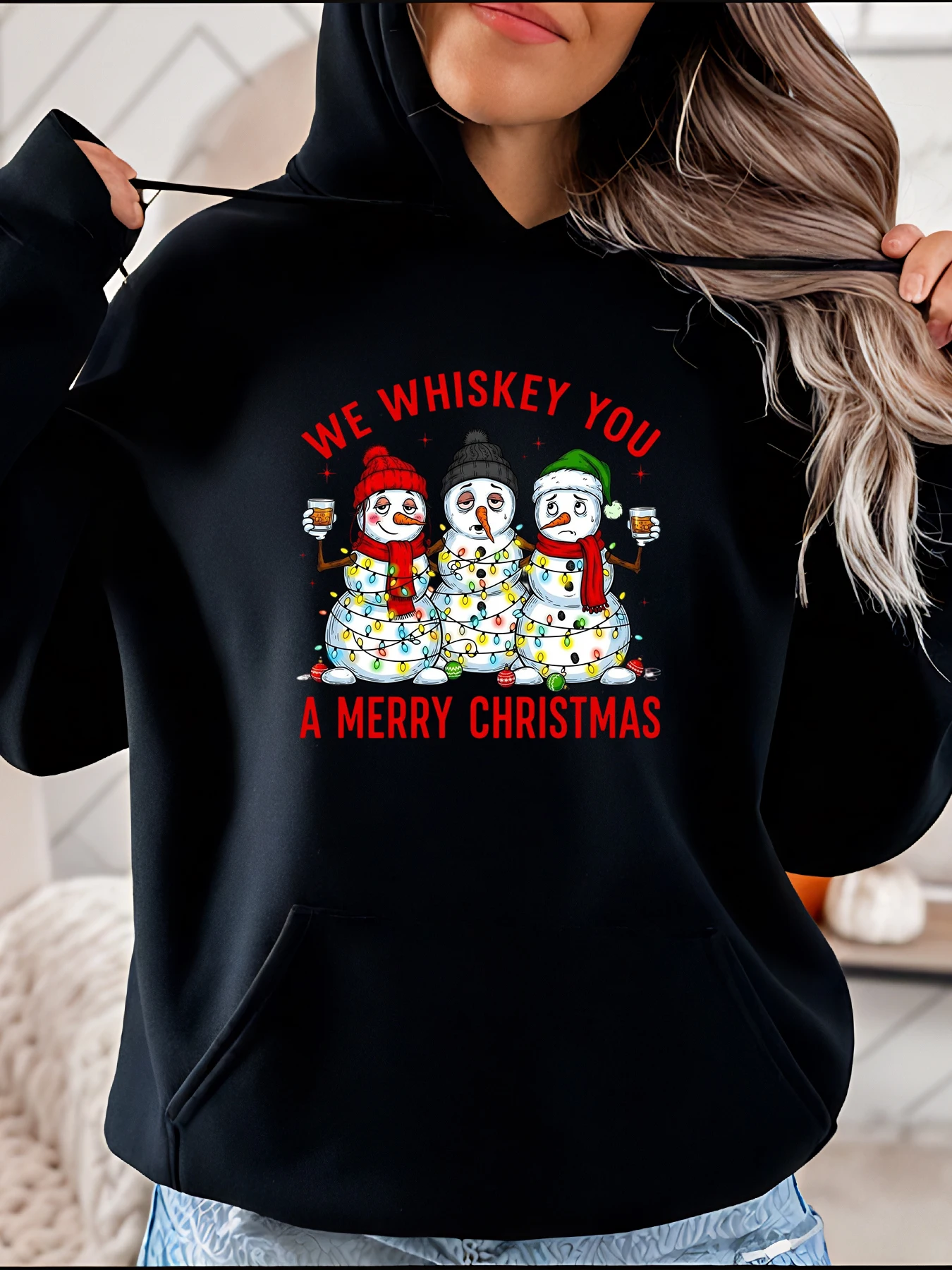 

Толстовка с рождественским принтом «Снеговик, виски», повседневная зимняя праздничная дизайнерская женская уютная праздничная одежда