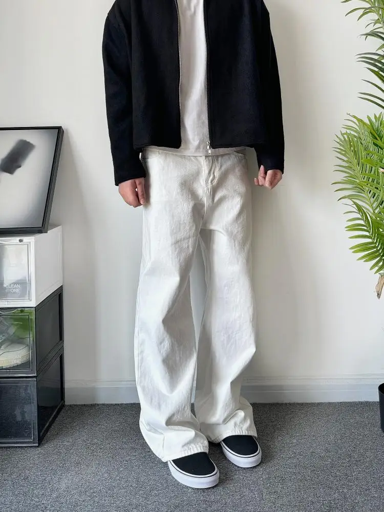 

American High Street Retro White Bull Basic A-Line Waed Original Color Men's Loose Straight Leg Long Jeans Denim Pants