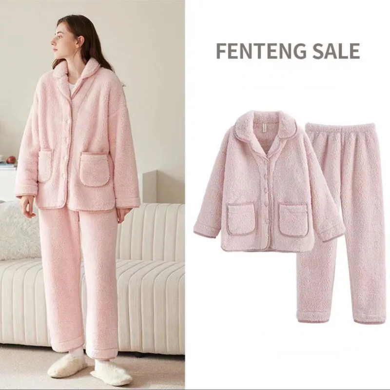 Pyjama Épais en Cachemire pour Femme, Vêtement de Nuit Chaud, Col en V, Collection Automne-Hiver, 2022