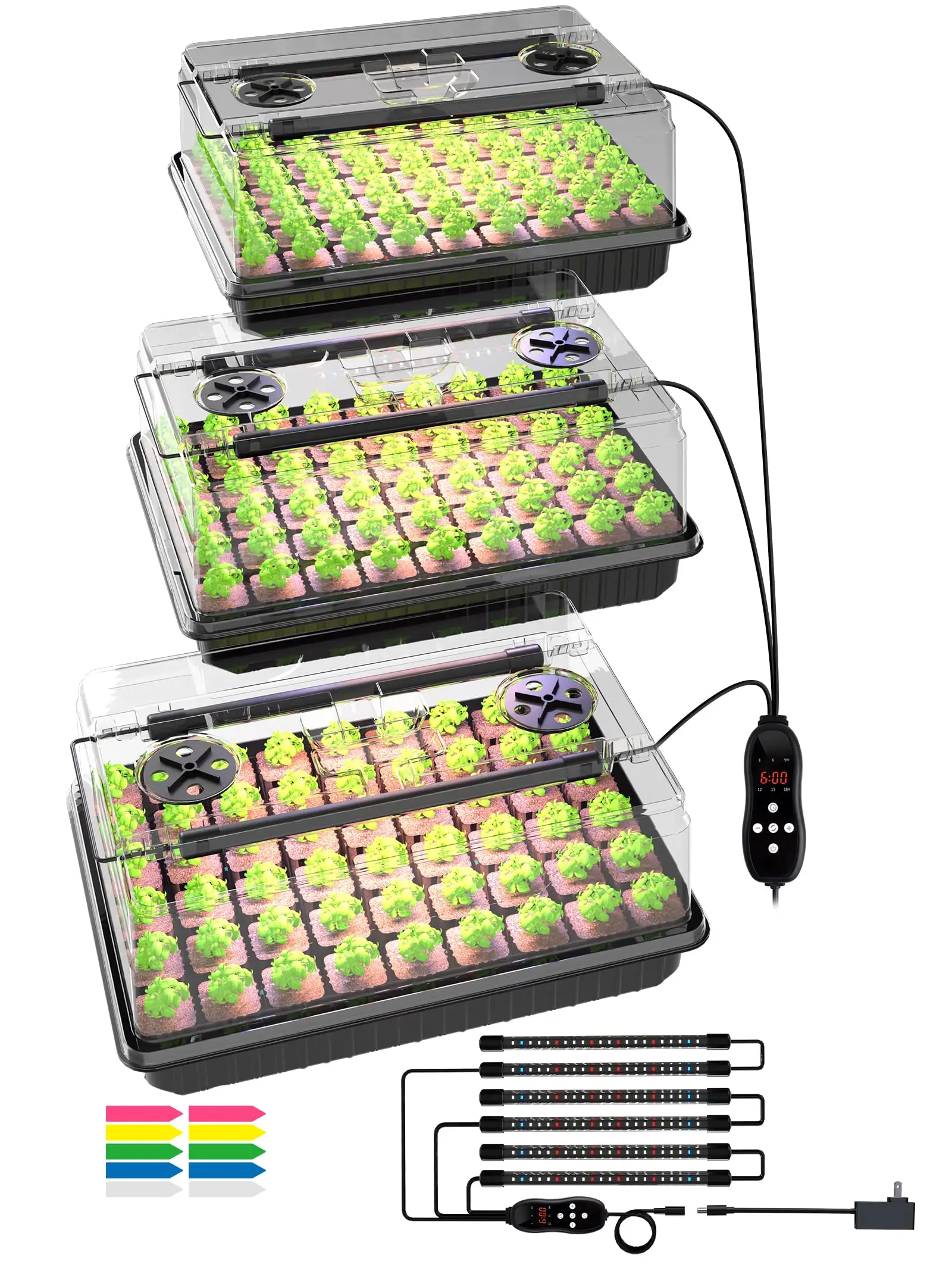 

2-Pack 54-Cell Seedling Trays With Full Spectrum LED Grow Lights, Humidity Domes, 6-Mode Timer & Dimmable Brightness For Indoor