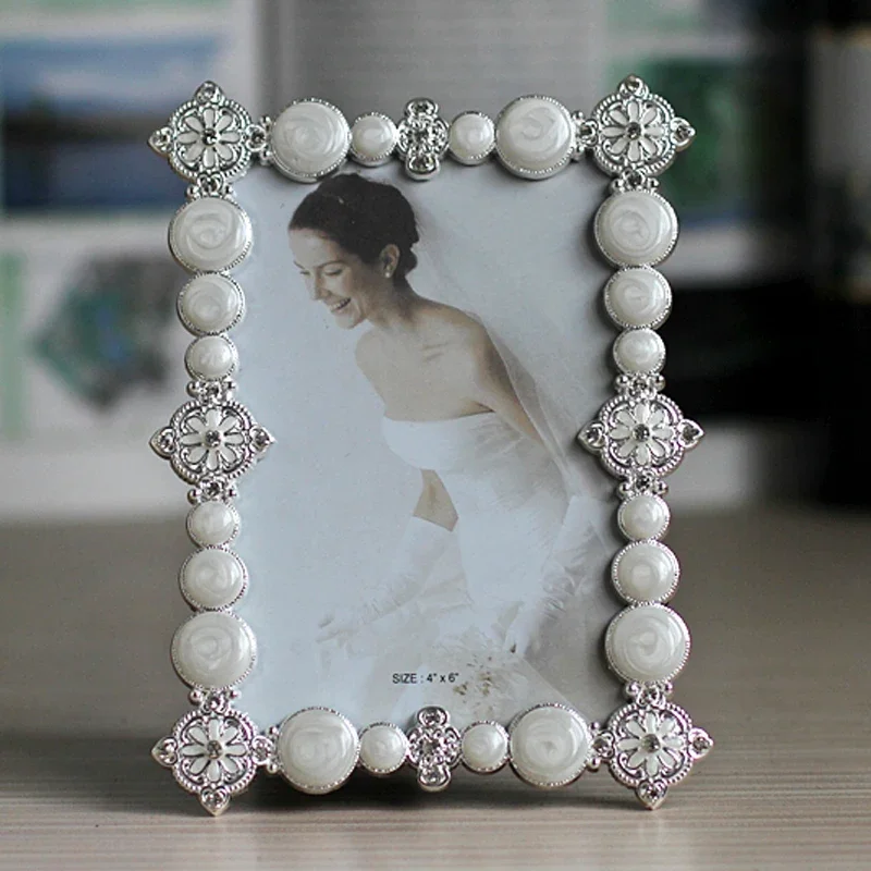 European Rectangle Shaped Shiny Silver Plating With White And Antique Brass Blue Beaded Jeweled 4x6 inches Metal Photo Frame