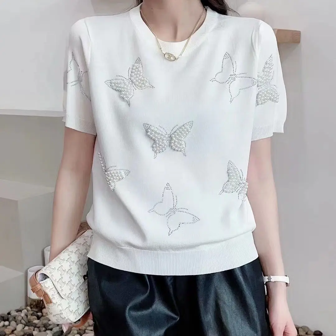 Summer Beaded Hot Diamonds Chic Butterfly Design Stylish Versatile Ice Silk Knit Loose Short-sleeved Top Knitted Sweater Shirts