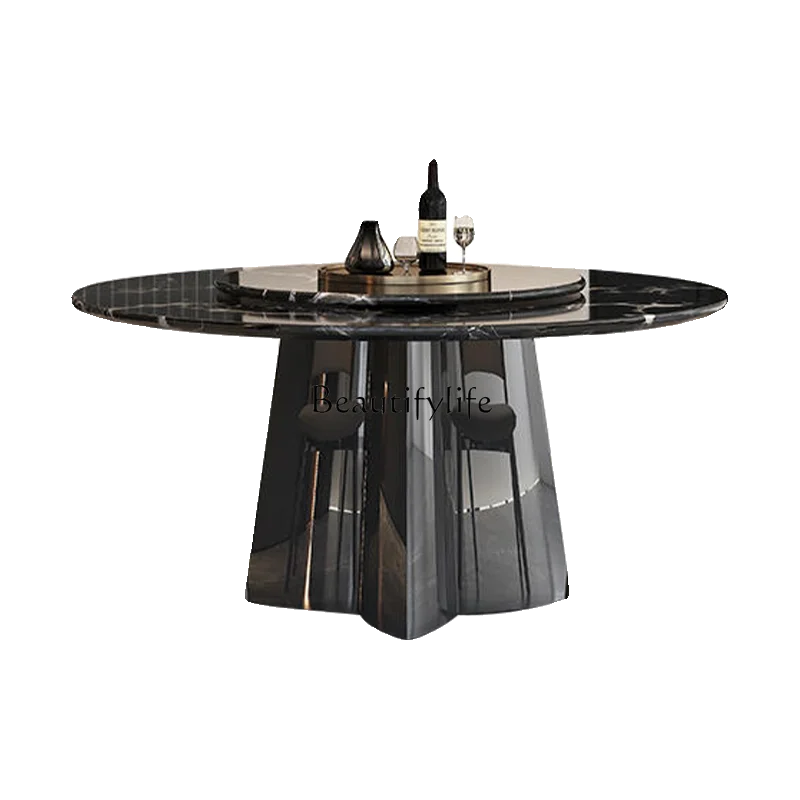 

Black rose natural marble dining table Italian light luxury high-end luxury stone round dining table