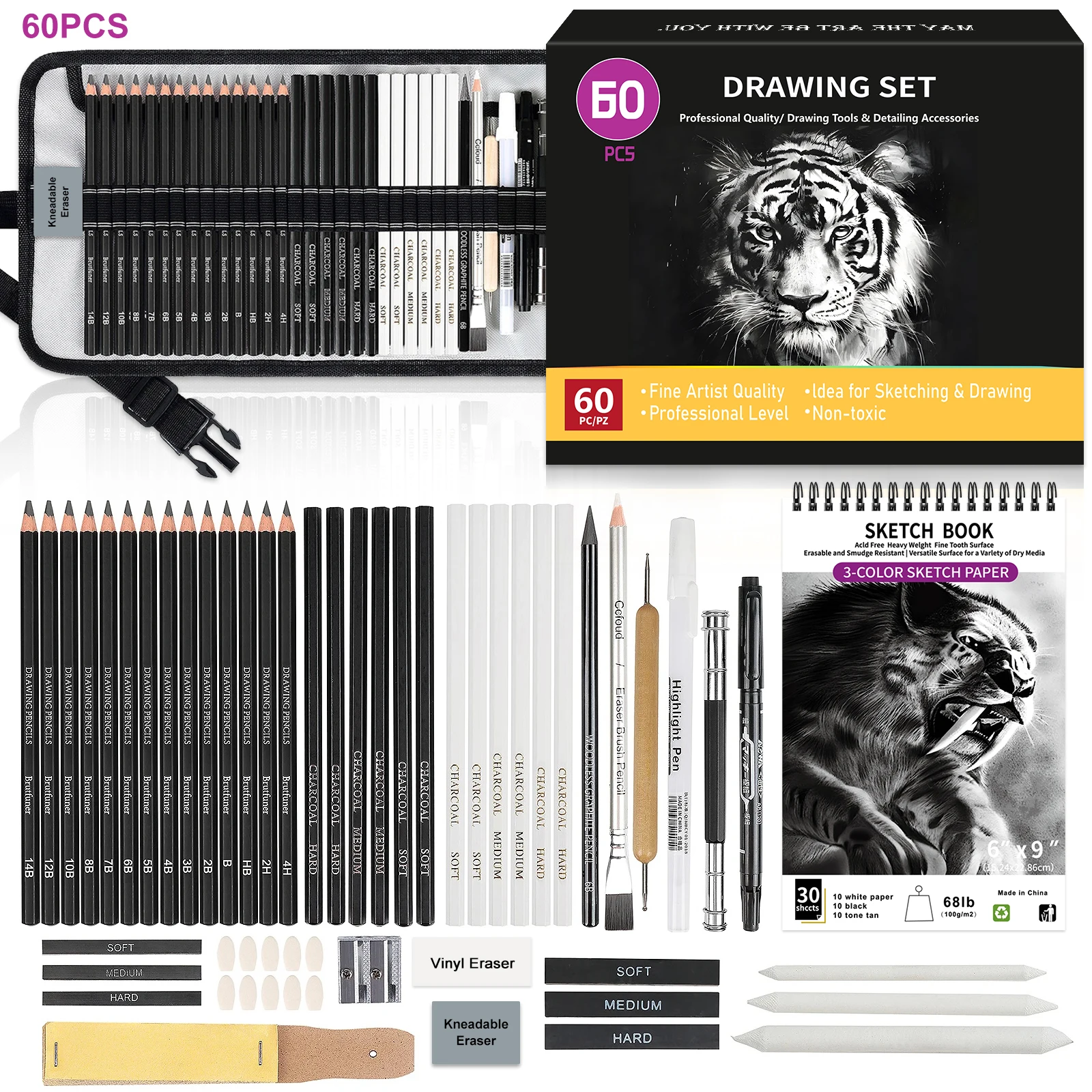 Juego de Dibujo y Coloreo de 14/18/46/54/60/75 Piezas, Lápices de Dibujo y Kit de Dibujo, Kit de Herramientas de Arte, Juego de Materiales de Arte Profesional