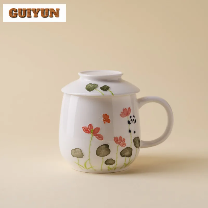 

260ml Hand-painted Panda Playing With Lotus Coffee Mug Latte Cereal Mug Afternoon Tea Mug Personal Office Water Cup Teaset Gift