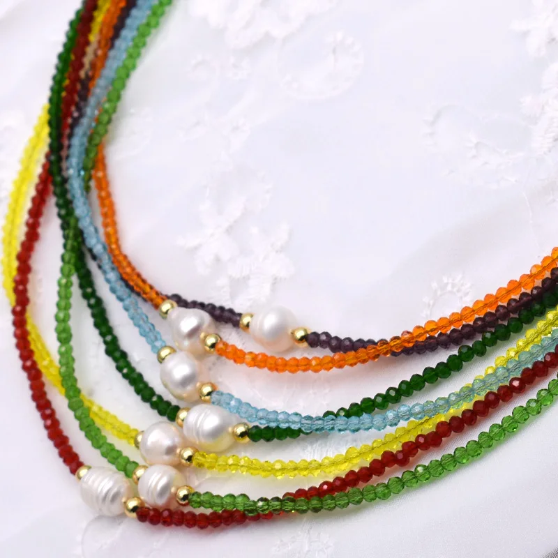 Rainbow Natural Pearl Statement Short Chain Necklace Fashion Shiny Crystal Glass Beads Boho Choker Pendant Collar Female Jewelry