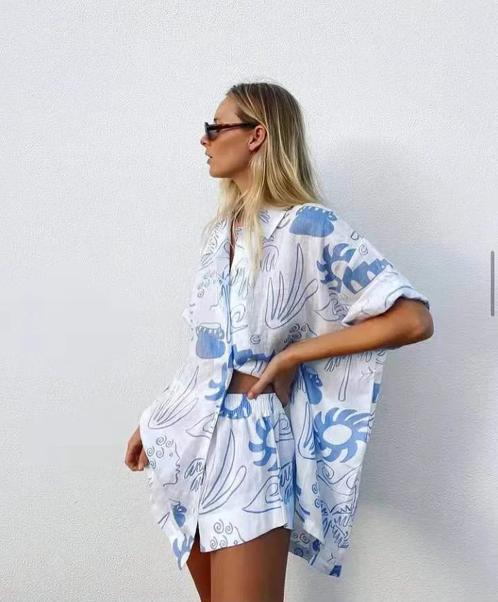 DSMTRC New In Matching Sets for Woman Summer Beachwear Loose 2 Piece Suits Outfits Light Bule Short Sleeve V-neck Shirt+Shorts