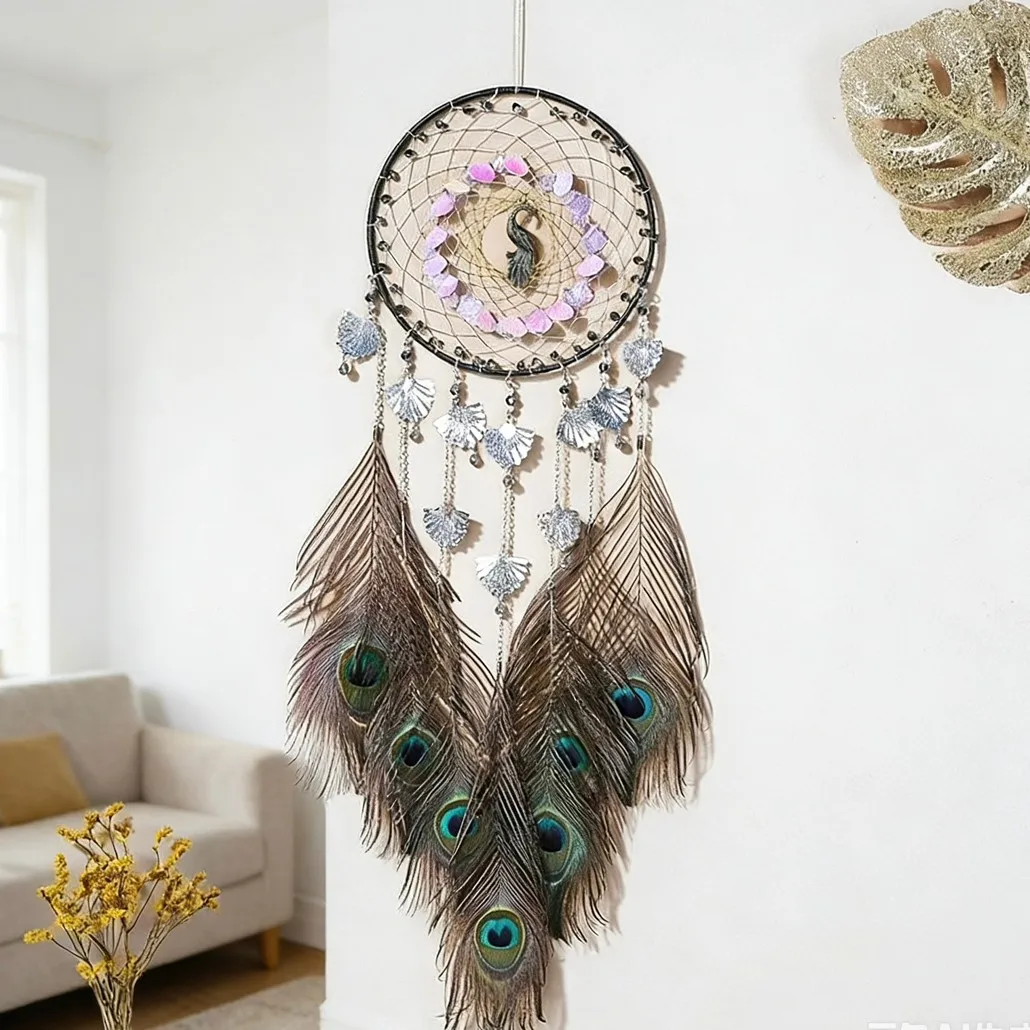 Bohemian Handmade Dream Catcher Wall Art, Natural Peacock Feather & Chip Stone Shell Pendant, Home Wall Decoration Gifts.
