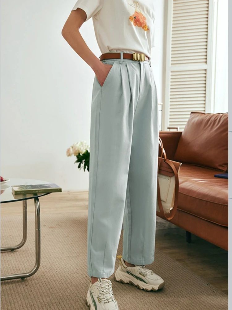 OLrain Women Blue Casual Pants 2025 French Fads High-Waisted Washed 100%Cotton Straight Harlan Pants Women's Pants O23XA69960
