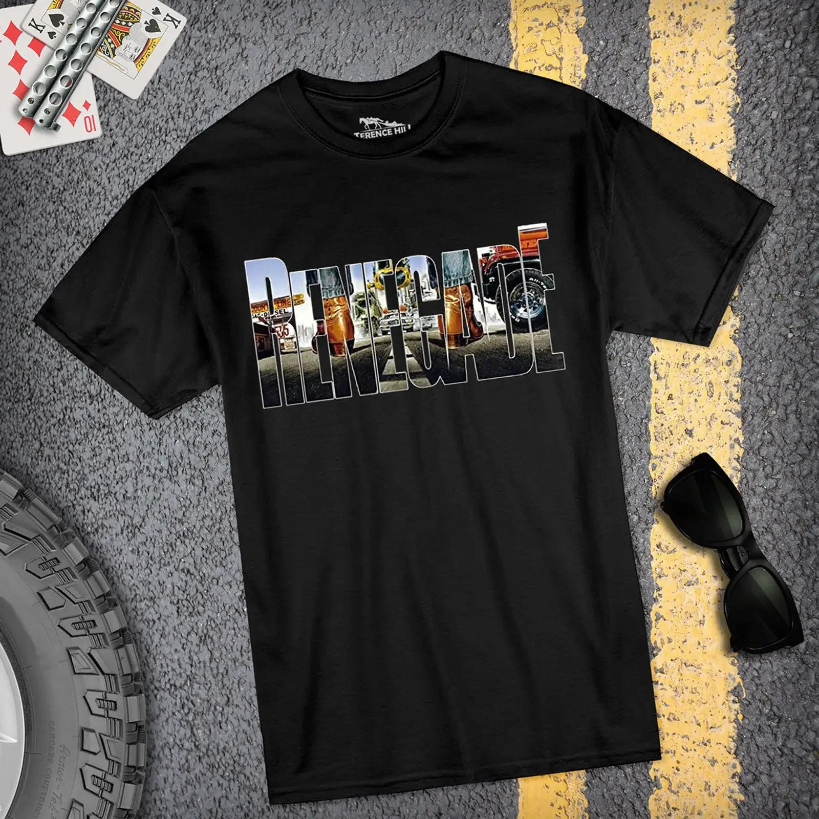 Camiseta estilo Renegade negra, edición Terence Hill Renato Casaro, vintage, lavada, unisex, versátil, ropa de calle a la moda