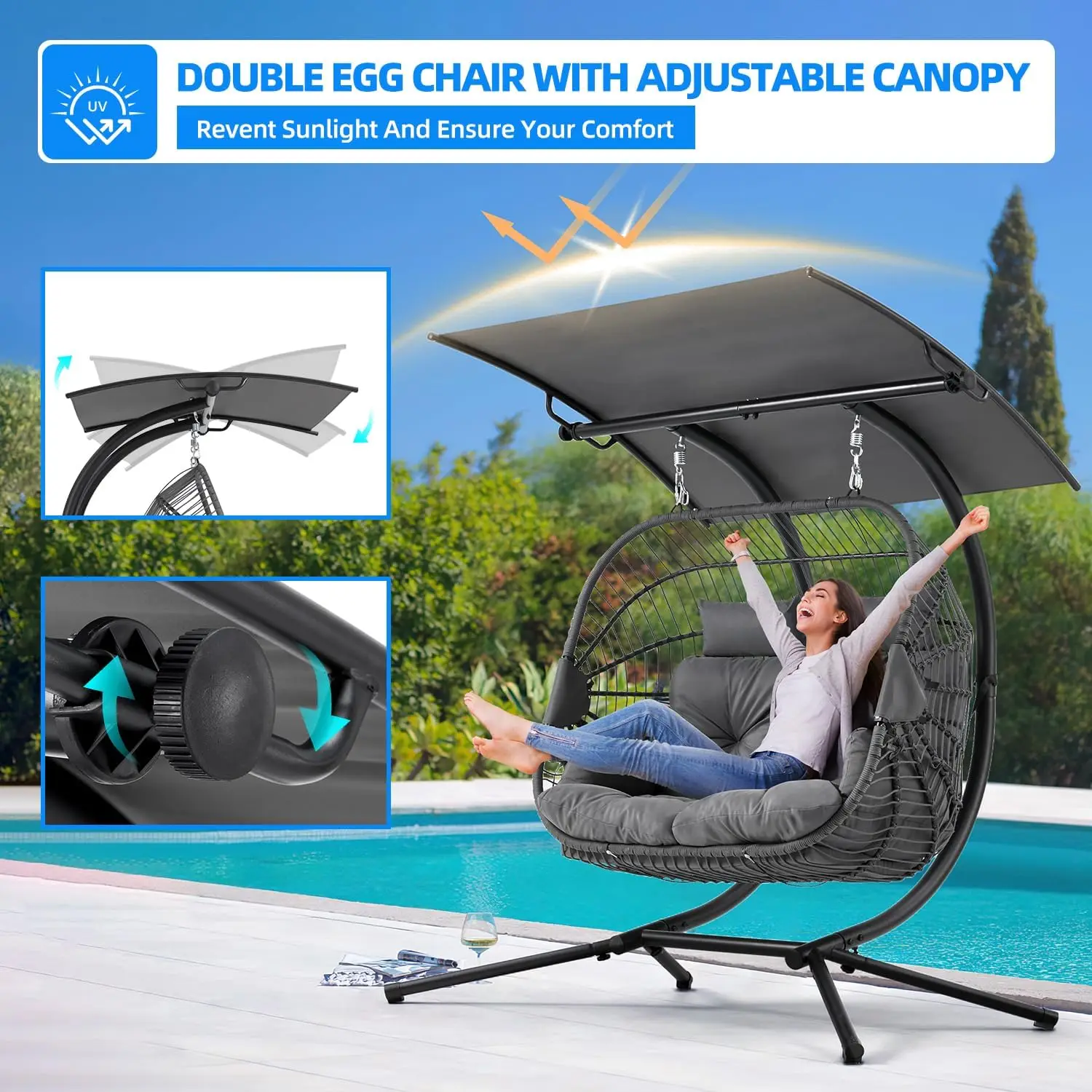 Yoleny Double Egg Chair With Adjustable Canopy, Oversized Hanging Swing Chair, Hammock Chair With Cushion Basket Hammock Nest