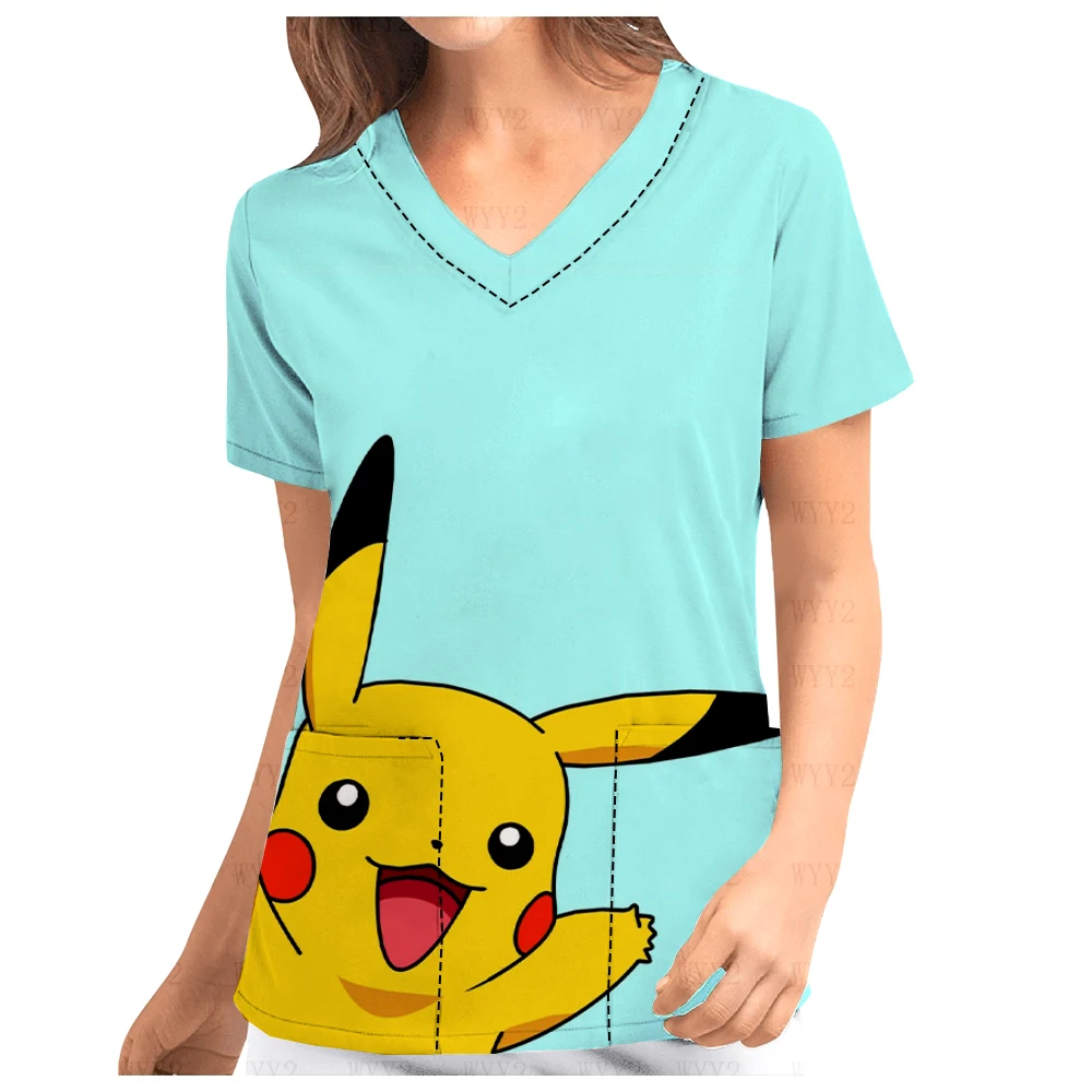 Spring and summer women's short-sleeved V-Neck Print Scrub Top Pikachu print work clothes nursing hospital beauty salon dental