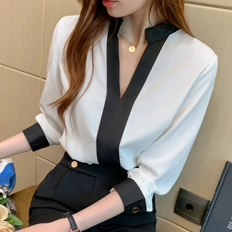 Autumn New Casual V-neck Women\'s Blouse 2023 Spring Office Lady Long Sleeve Chiffon Shirts Fashion Korean Style Tops 11189