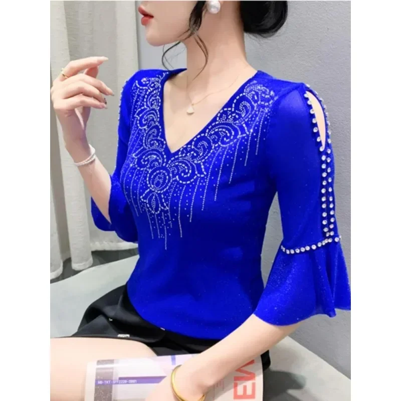 

Summer T-shirts Women European Clothes Diamond V-neck Slim Shirt Sexy Mesh Tops Short Flare Sleeve Tees Blue Purple New Chic