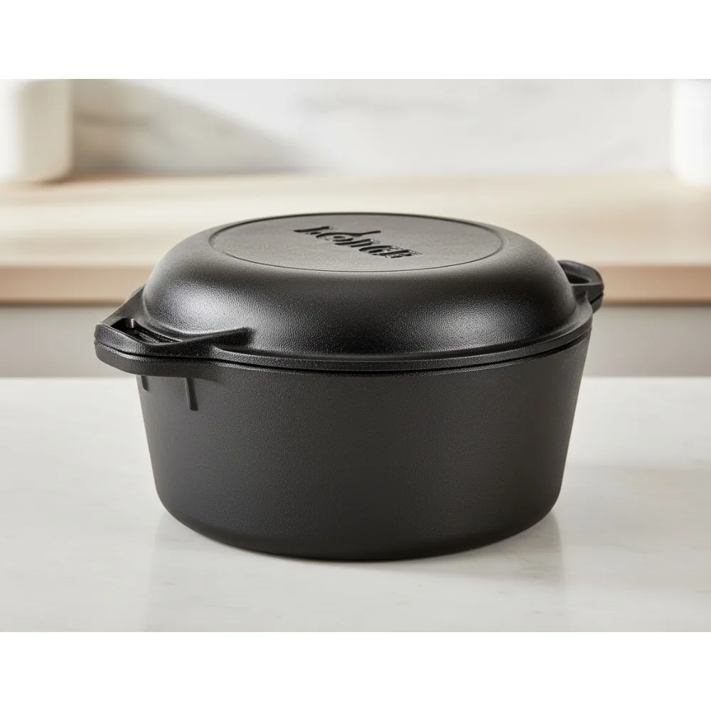 

5 Quart Cast Iron Dutch Oven with Skillet Lid - PFAS-Free Non-Toxic Cookware for Baking, Roasting & Outdoor Cooking