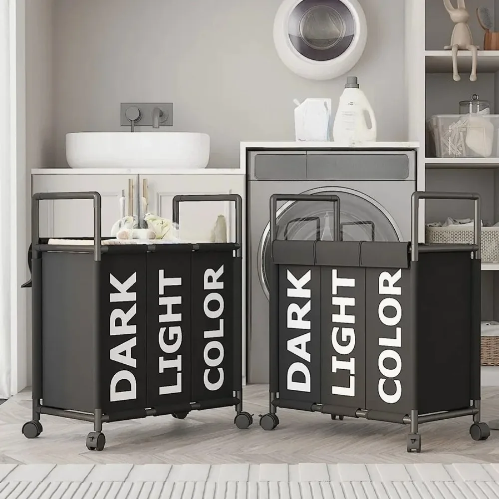 Cesto de Ropa Sucia con Ruedas y 3 Compartimentos, Organizador de Ropa Plegable con Tapa