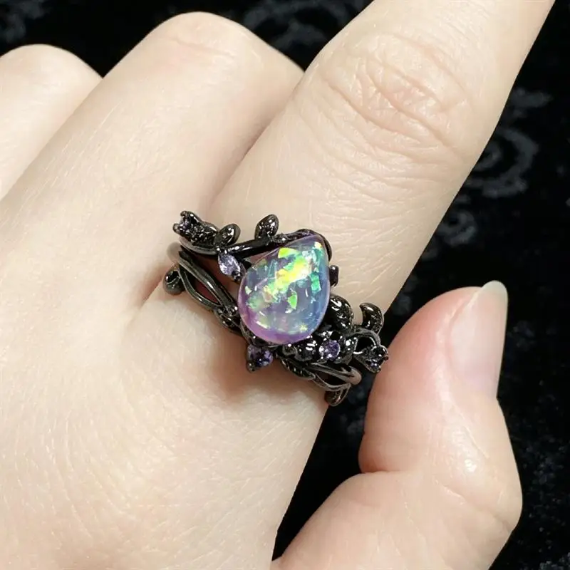 Huitan Spezieller schwarzer 2-teiliger Ring für Damen, Weinblatt-Design, frischer lila Opal, Accessoires, Party, Hochzeit, Schmuck mit eingelegtem CZ – Detail 2