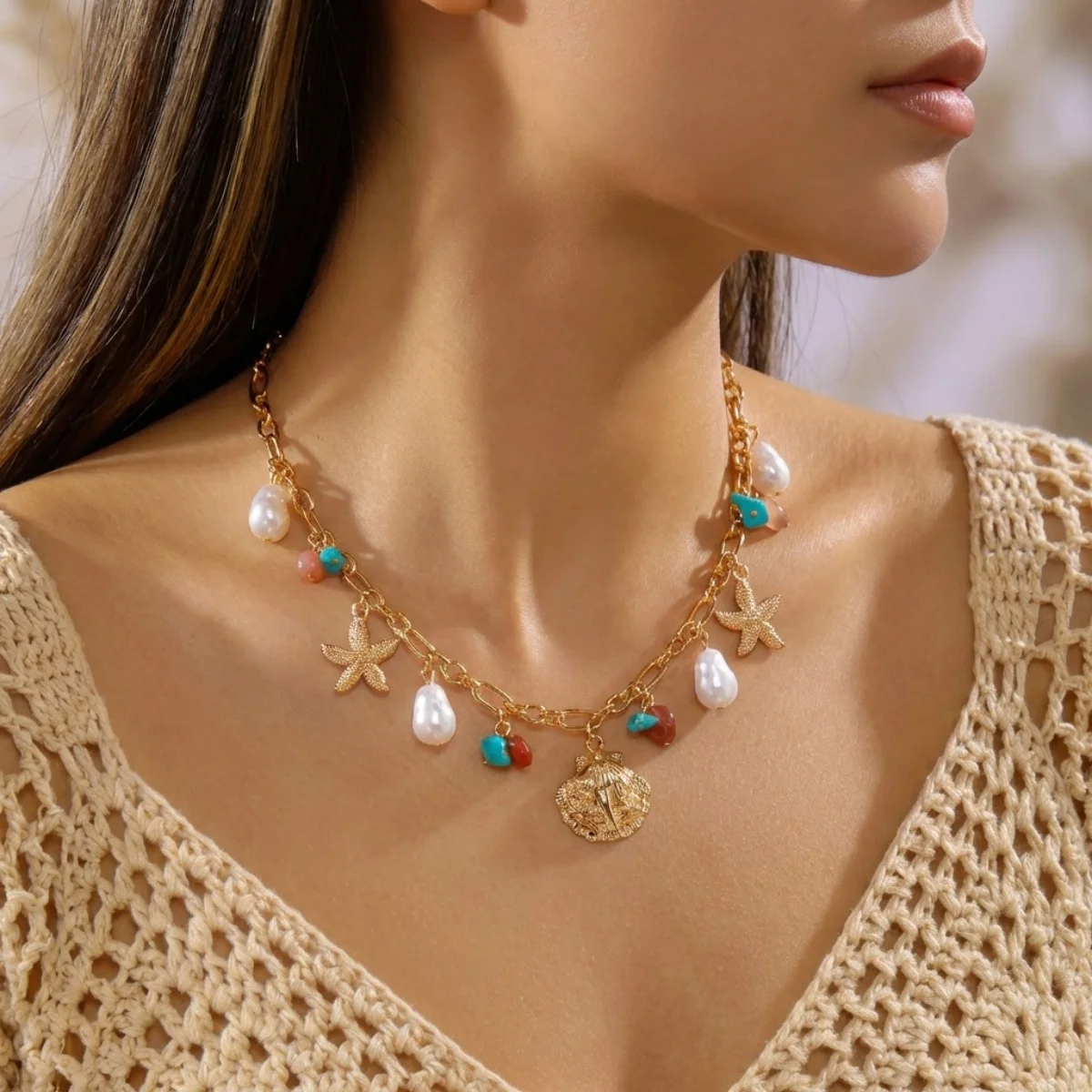 Sommerliche Muschel-Seestern-Imitationsperlen-Quasten-Anhänger-Halskette für Damen und Herren – Seepferdchen, Fisch, Muschel, Schildkröte, Delfin Choker-Schmuck – Detail 4