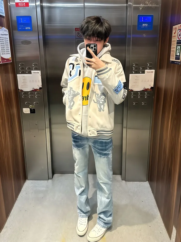 

Lightning Pattern Bell Bottom Jeans Straight Leg Slim Fit Men Women High Street Vibe Washed Design Sensation Jeans